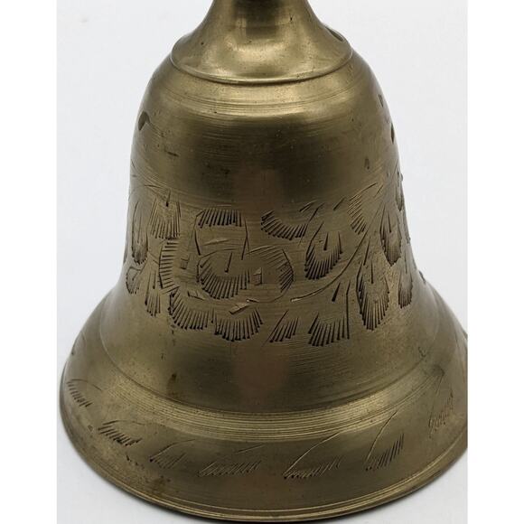 VTG Hand Held Brass w Wood Handle School Dinner Bell 9" India Signal Etched NICE - Picture 4 of 12
